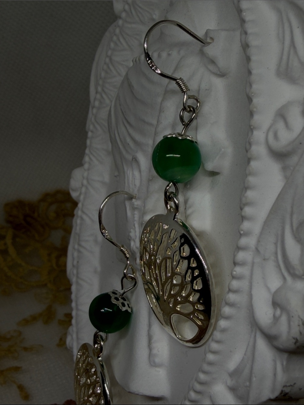 Handmade 925 Sterling Silver Tree of Life Green Agate Dangle Earrings Artisan - Picture 4 of 6